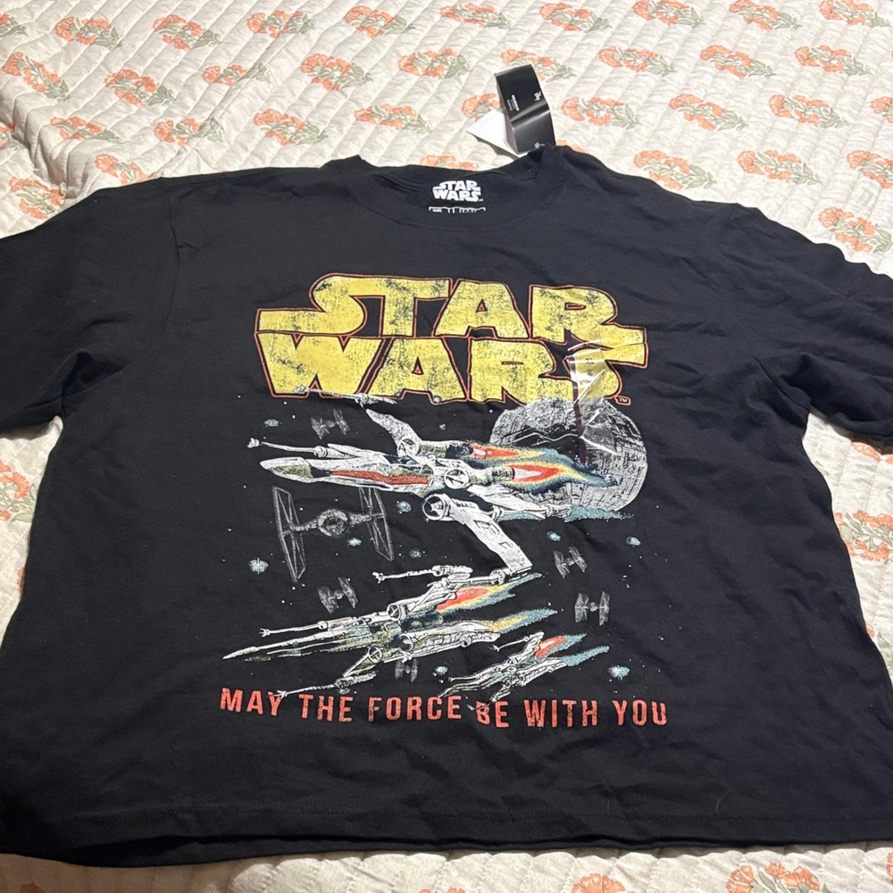 Star Wars Black T-Shirt with Yellow Logo and Spaceship Design